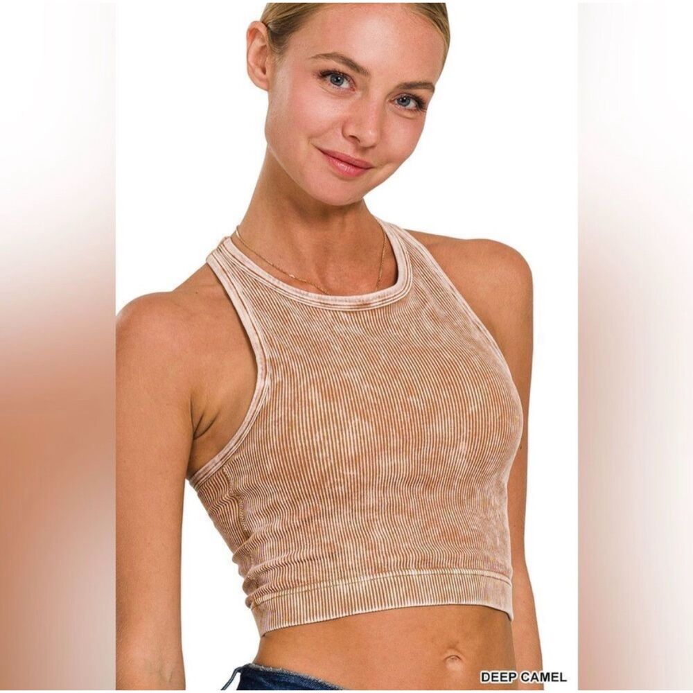 NEW Zenana High Neck Ribbed Crop Tank Top Bra Brami 6190a Deep Camel Brown S/M